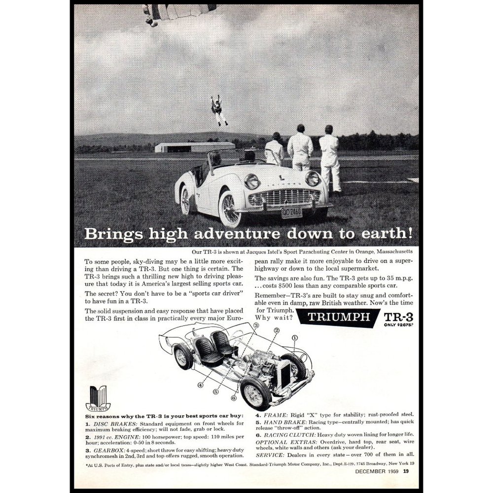 1960 Triumph TR-3 Roadster Vintage Print Ad Skydiving Parachute Wall Art Decor
